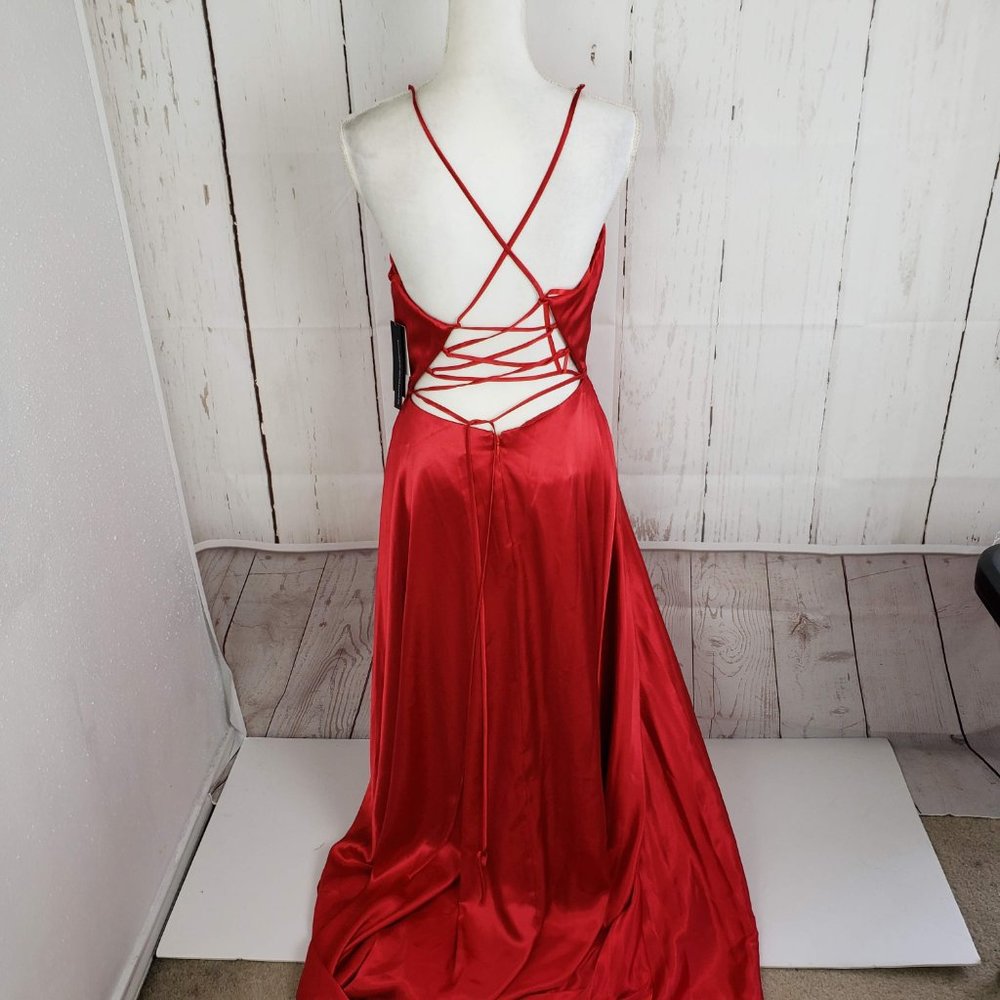 New Aqua Plunging Lace Back Evening Gown Prom - Picture 4 of 8